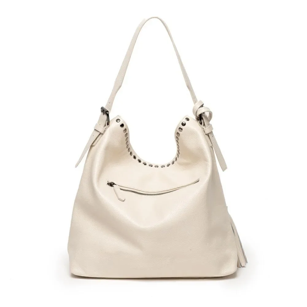 Stunning Laggo “Reed Ivory” Pebbled Leather Studded Hobo Bag